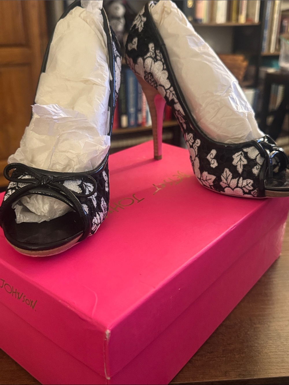 Betsey Johnson Black & White Floral Lace Peep-Toe Stilettos